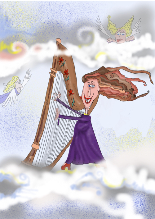 Cartoon Print Card of Harpist Anne Roos